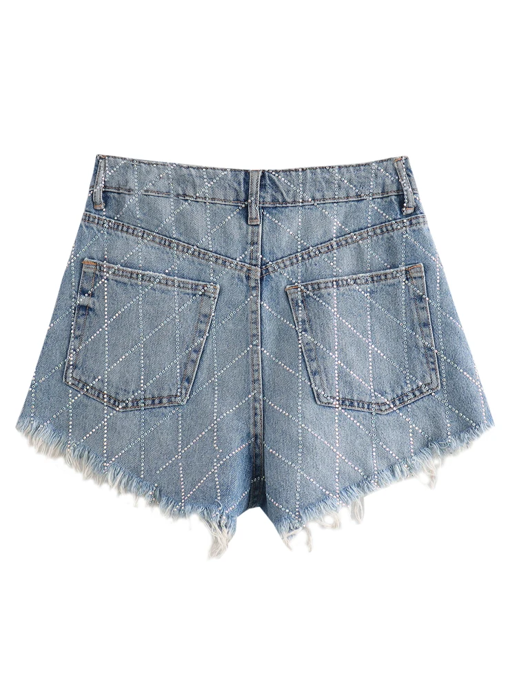 KAOPU ZA Women with rhinestones denim ripped shorts vintage high-waist frayed hems female trousers mujer