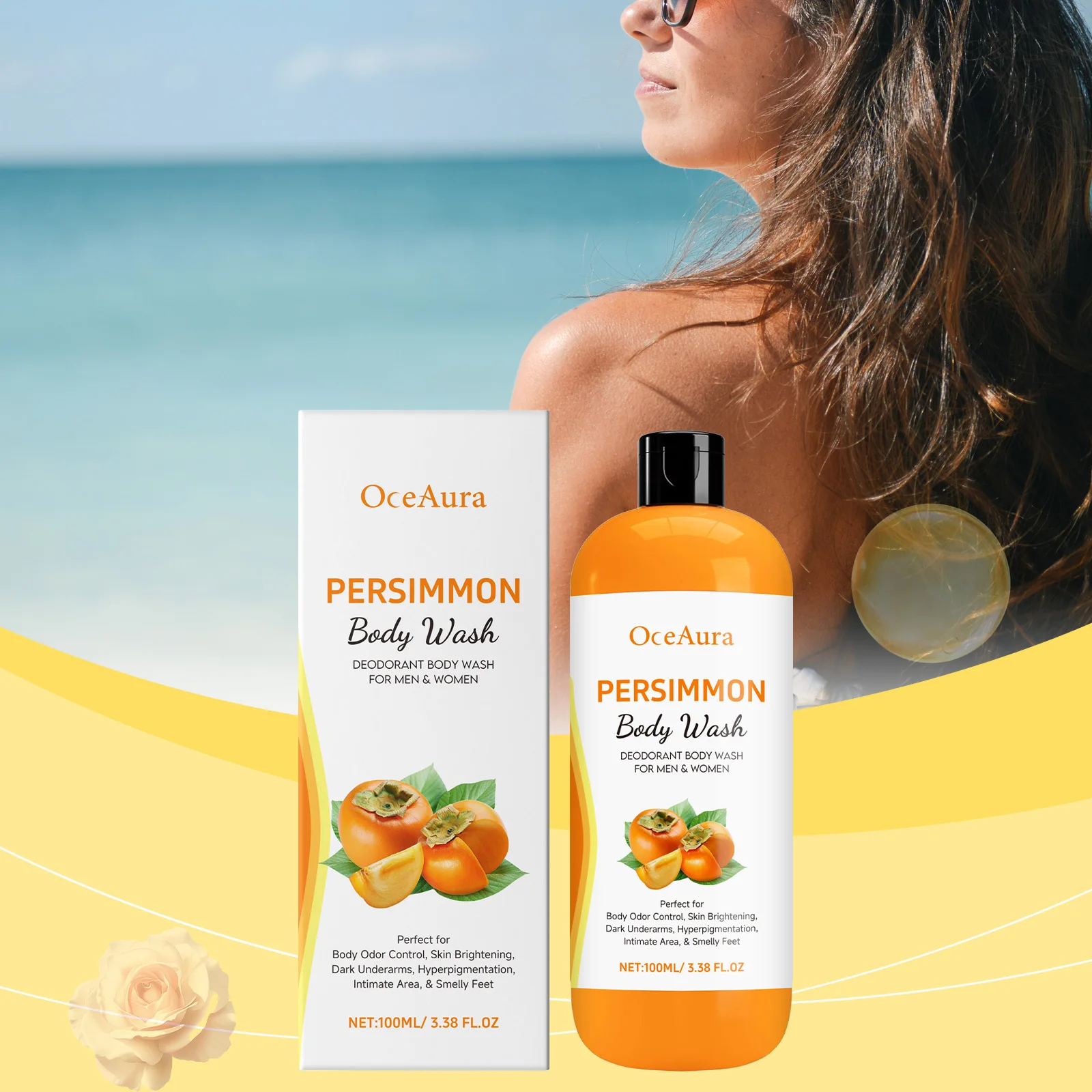 OceAura Persimmon Body Wash Feuchtigkeitsspendende Hautreinigung Glatter, weicher Körpergeruchsentferner Badeprodukte Peeling-Duschgel 100 ml