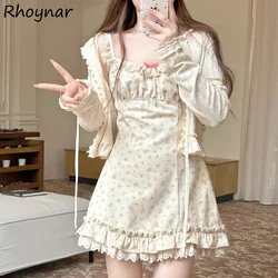 Floral Sets Women Summer Lovely Girls Mini Ruffles Bow Lace Patchwork Hollow Out Korean Style Gentle Casual Holiday Y2K Cozy