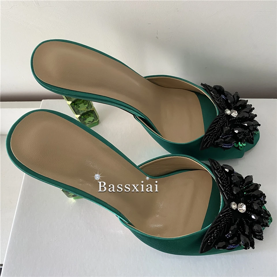 Crystal Sequins Beads Butterfly-Flower Sandals Women Luxury Satin Slingbacks Diamond Rhinestone Strange Heel Summer Mules