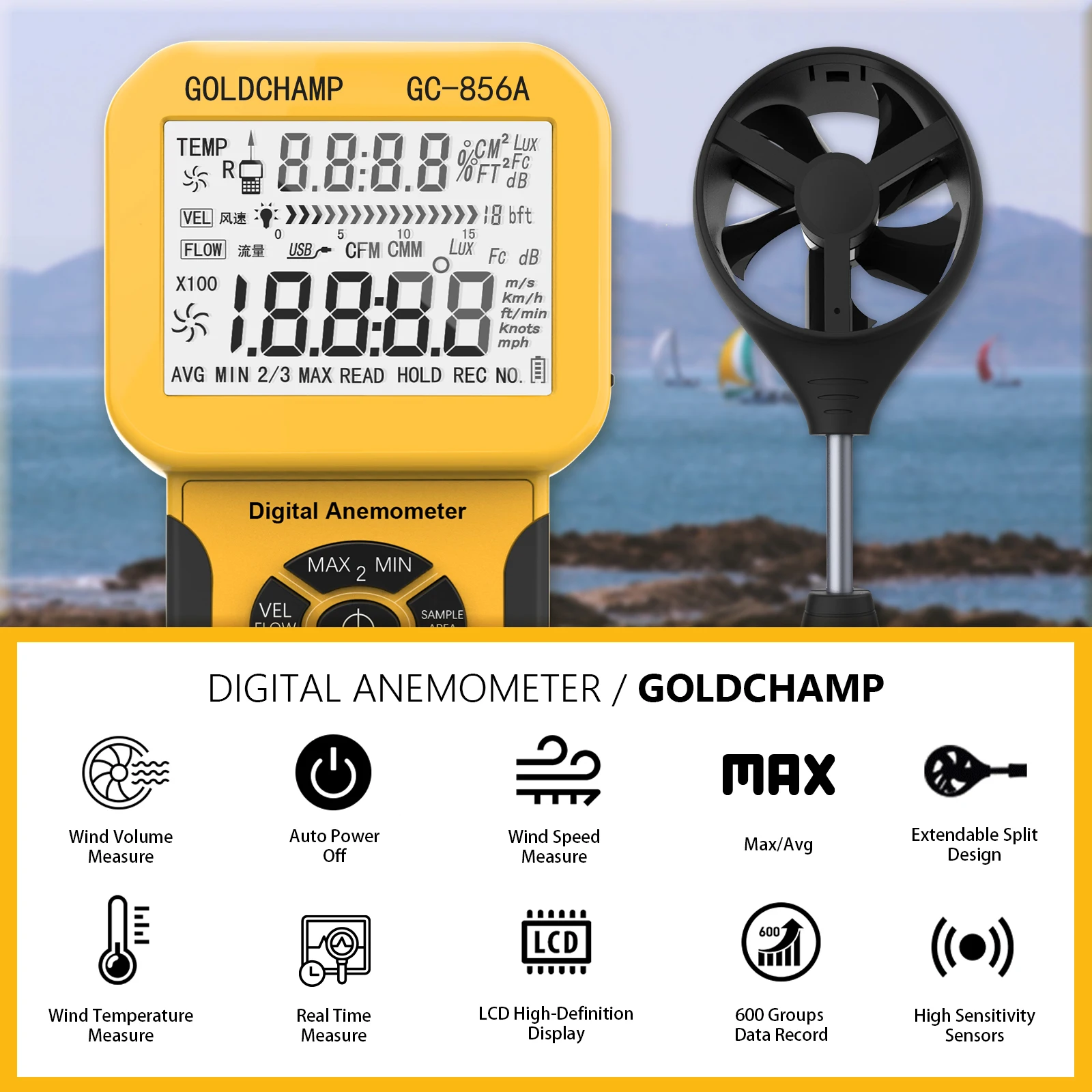 856A Industrial Handheld Anemometer - CFM/CMM Air Flow Meter for HVAC with Data Logging Function Connect to PC With USB