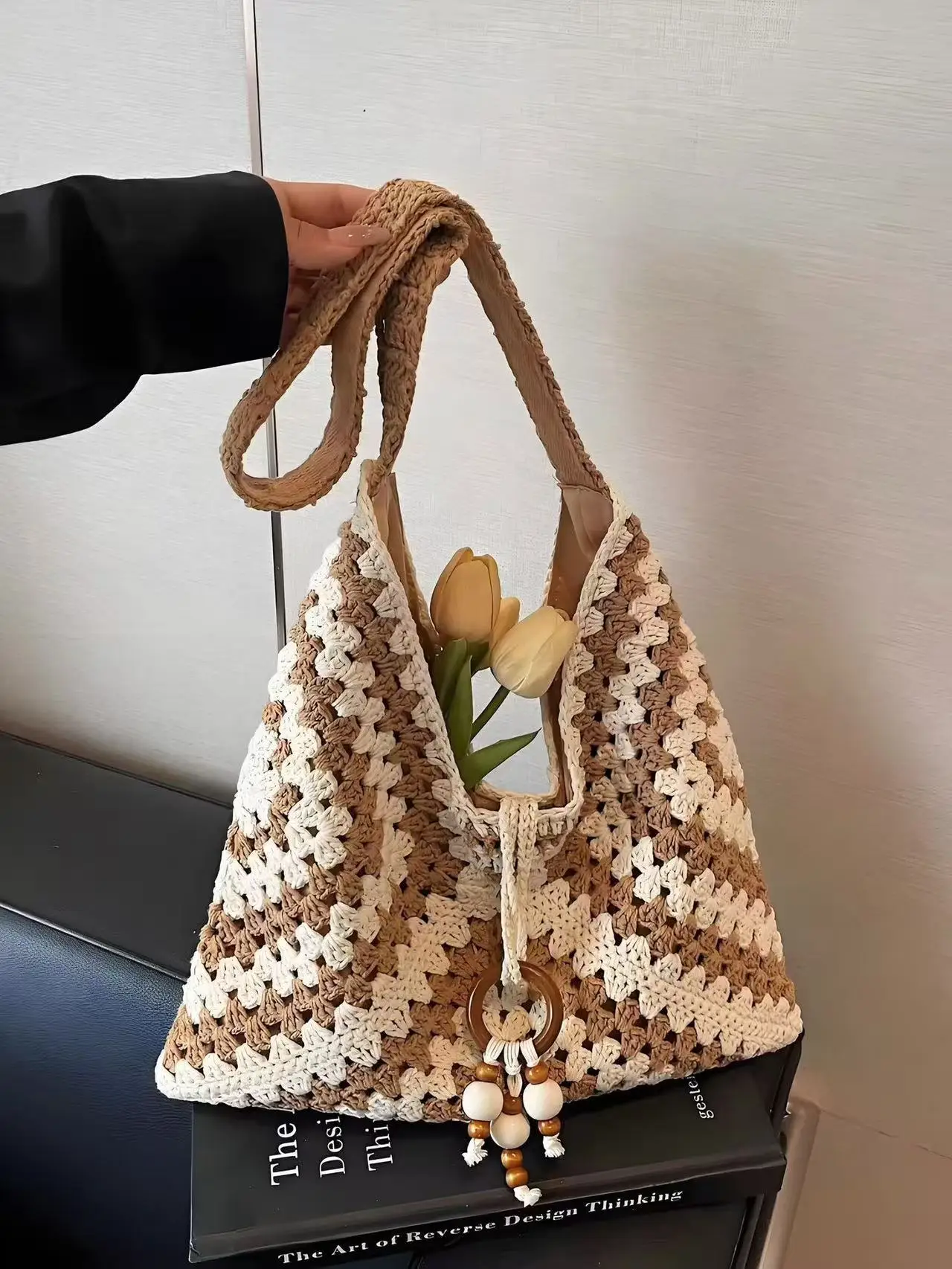 

Handmade Crochet Shoulder Bag Set Black & White Zigzag Boho Purse with Wooden Ring Minimalist Ethnic Sling Bag for Women