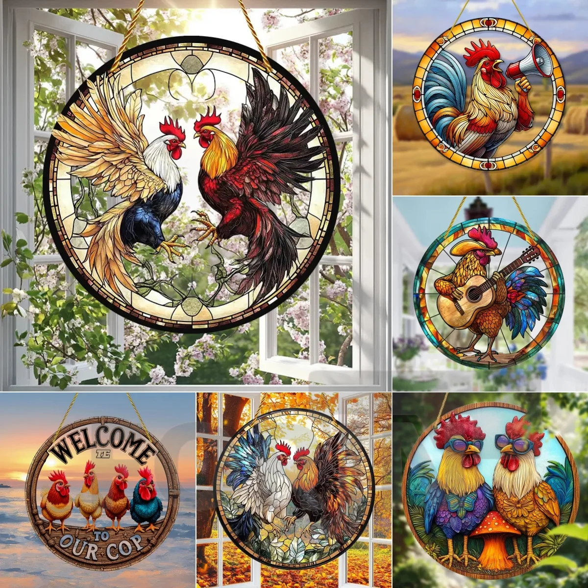 Atrapasueños divertido de lucha de gallo, decoración de jardín, arte teñido acrílico redondo, colgante de ventana translúcido, hogar, porche, decoración de granja