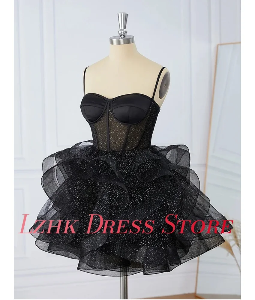 Robe de soirée trapèze en Organza, personnalisée, Sexy, bretelles Spaghetti, paillettes, volants, plusieurs niveaux, délicate, sans manches, robes de soirée en cœur