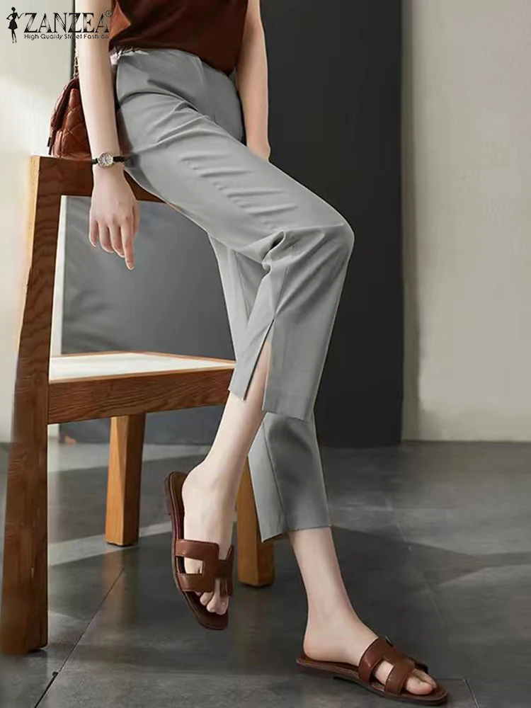 

ZANZEA Casual Solid Cropped Trouser Women Long Pants Office Lady Elastic Mid Waist Pantalones Vintage Split Straight Summer Pant