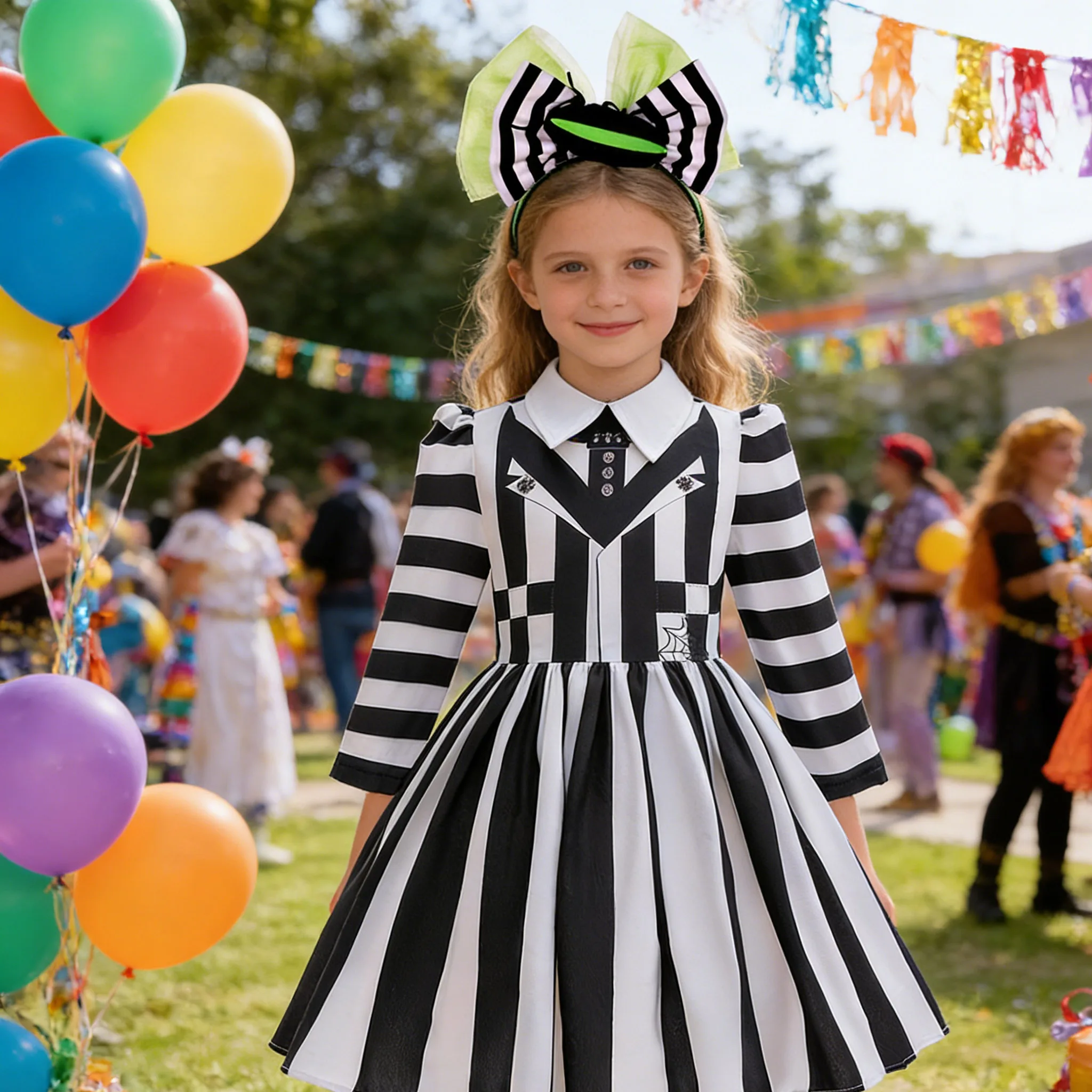 

2026 Длинные платья и повязка на голову, черно-белый полосатый костюм для девочек, нарядные вечерние платья, карнавальная маскарадная одежда