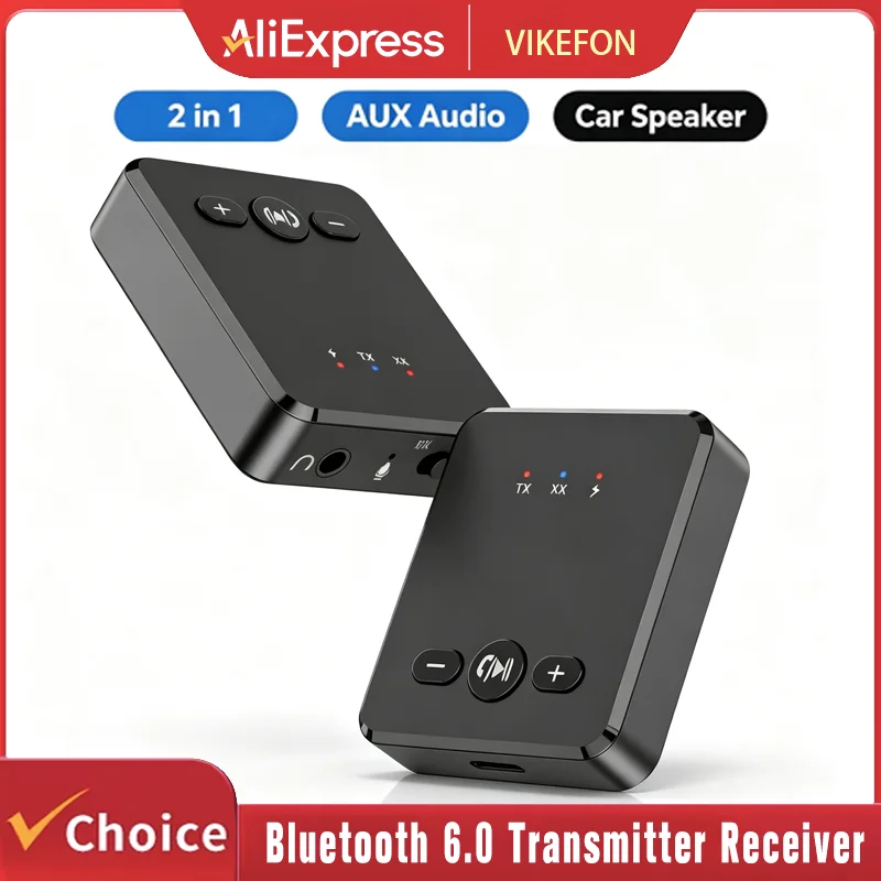 VIKEFON Bluetooth 6.0 Empfänger und Sender 3,5mm AUX Kabelloser Audio-Adapter Bluetooth-Sender für Auto, PC, TV, Kopfhörer