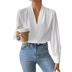 Camicia pullover con scollo a V a maniche lunghe autunnale da donna elegante top da pendolare in stile britannico tinta unita comoda camicetta femminile casual