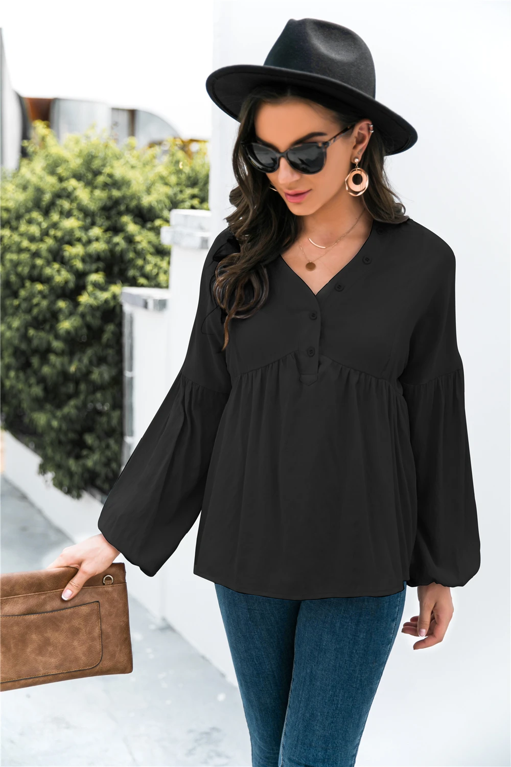 

Women's Burgundy V Neck Button Accent Loose Puff Long Sleeve Chiffon Blouse Autumn Casual Daily Fashion Top