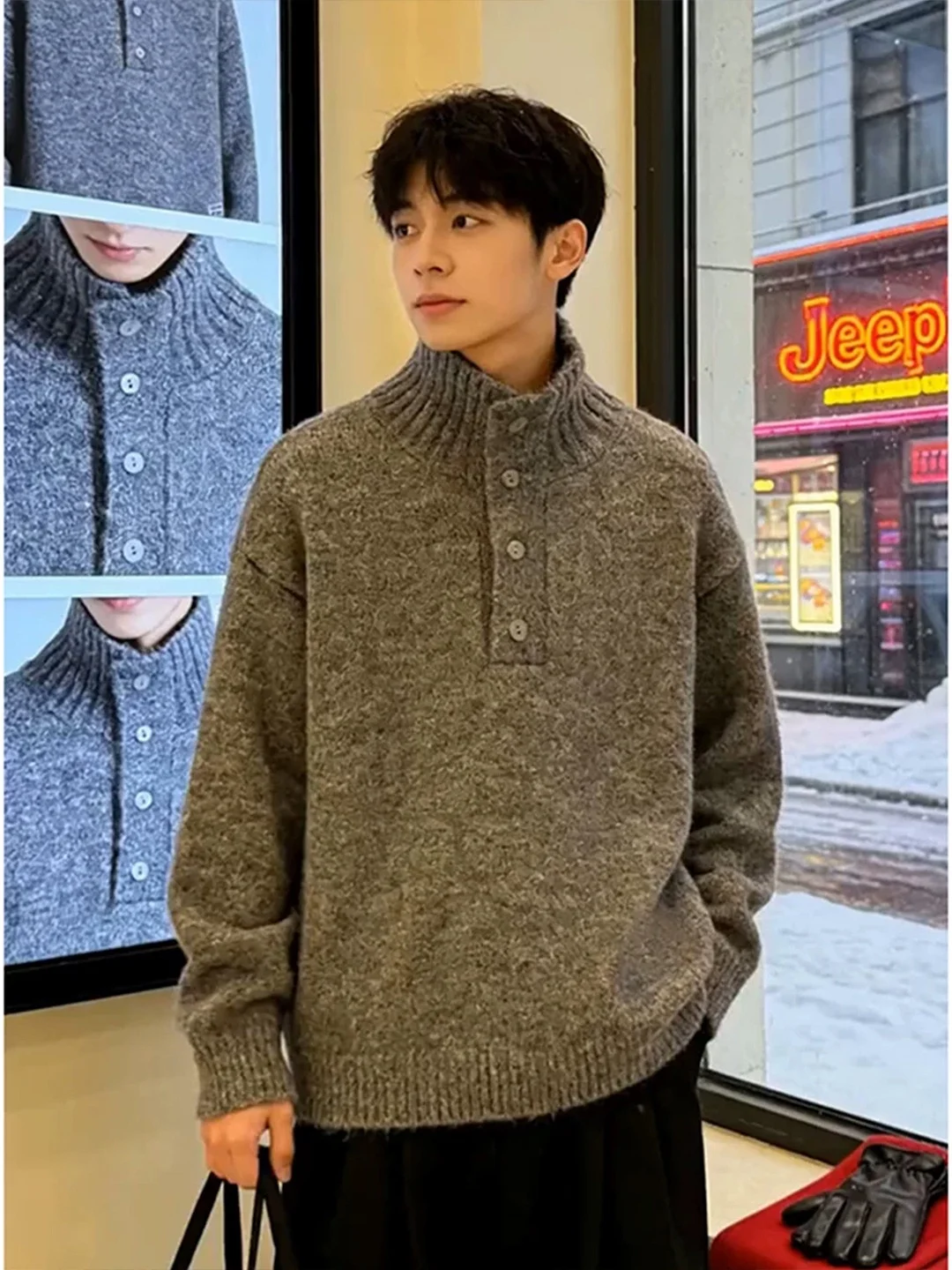 

Мужской вязаный свитер с высоким воротником, зимний, утепленный, в стиле Lazy, базовый слой, винтажный корейский стиль, из полиэфирного волокна
