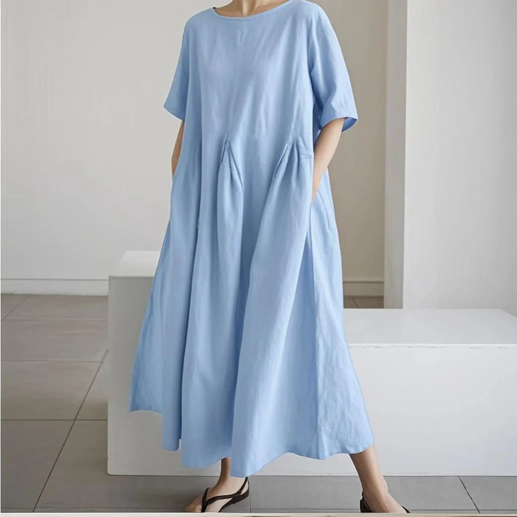 المرأة القطن الكتان فساتين متوسطة الطول الصيف شيك الإناث Vestidos فضفاض الصلبة ألف خط بوهو فستان قصير منتفخ كم فستان الشمس غير رسمي جديد