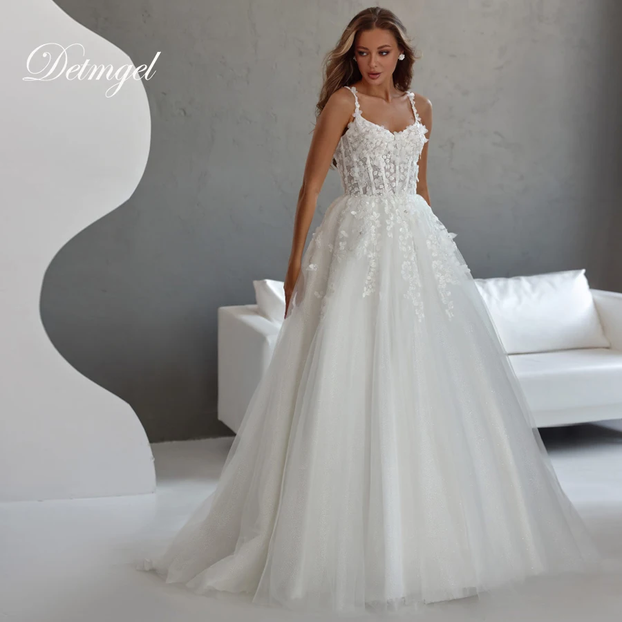

Detmgel Customized New Boat Neck A-Line Court Train Wedding Dresses Simple Sleeveless Appliques 3D Flowers Vestido De Noiva