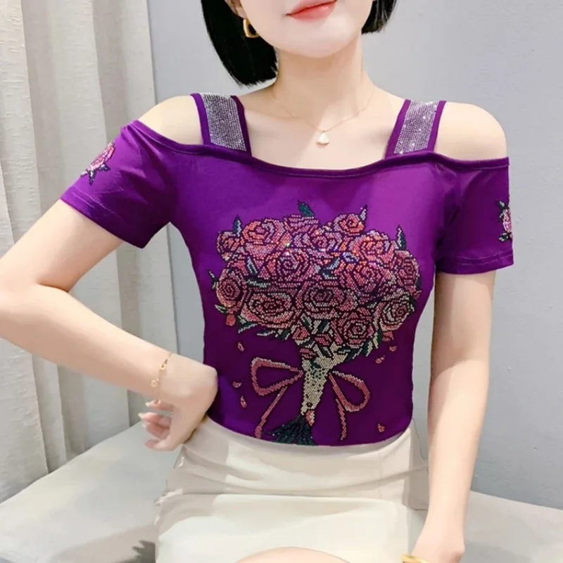 2026 New Womens Luxury Shiny Hot Diamonds T-Shirts New Chic Sexy Off Shoulder Mesh Tees Female Summer Short Sleeve Slim Tops