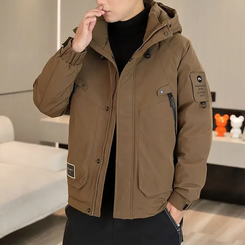 Moda masculina cor sólida tamanho grande com capuz branco jaqueta de pato para baixo casaco inverno engrossar térmico casual bonito outwear