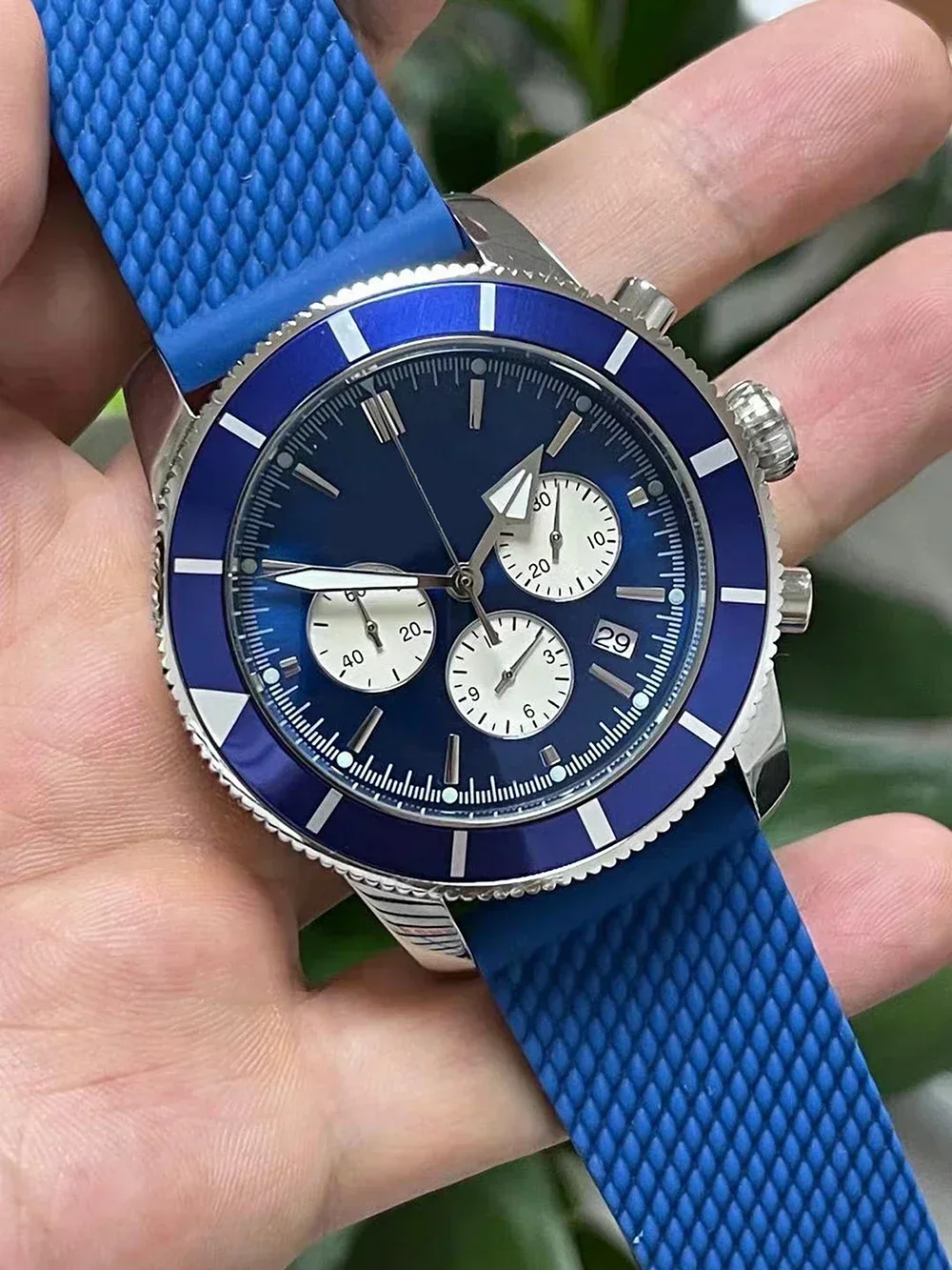 หรูหราใหม่ Mens QUARTZ Chronograph SuperOcean นาฬิกาเซรามิคสีดํายางสีฟ้า Relogio Masculino