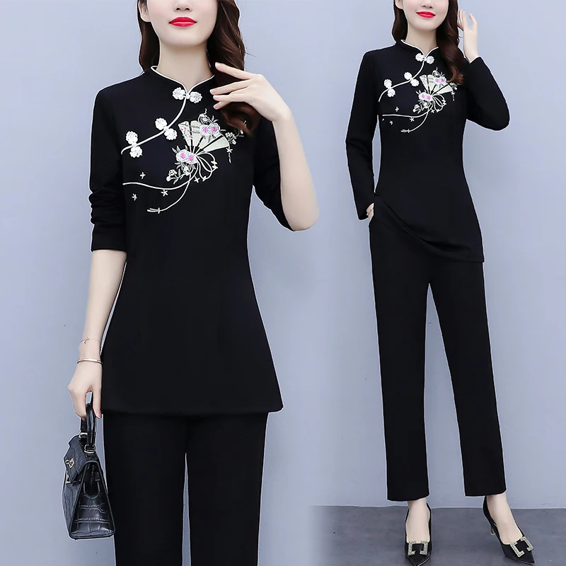 Womens Two Peice Sets Autumn New Embroidered Improved Cheongsam Slim Suit