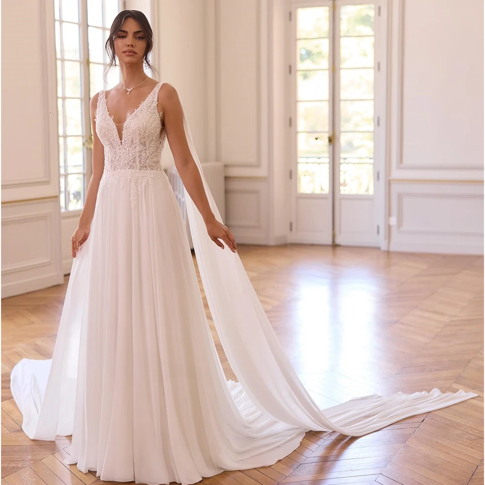 

Popular V-neck Lace Applique Bridal Grown A Line Wedding Dresses Long Rubbon Backless Custom Made 2026 Rode De Morrie