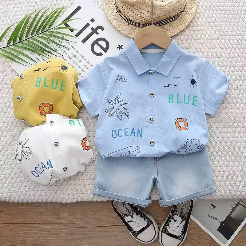 

2025 New Summer Kids Clothing Set Short Sleeve Shirt Denim Shorts 2 PCS Boys Suits Kids Outfits