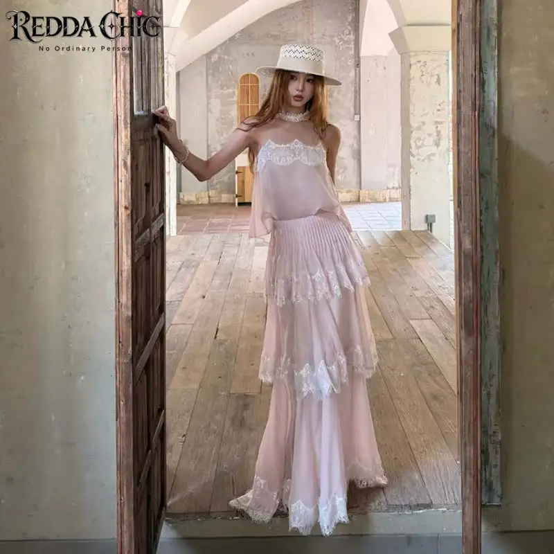 REDDACHiC Wedding Guest Top Cake Skirt Matching Set Women Fairy Pink Chiffon Swing Maxi Skirt Halter Top Vacation Summer Clothes