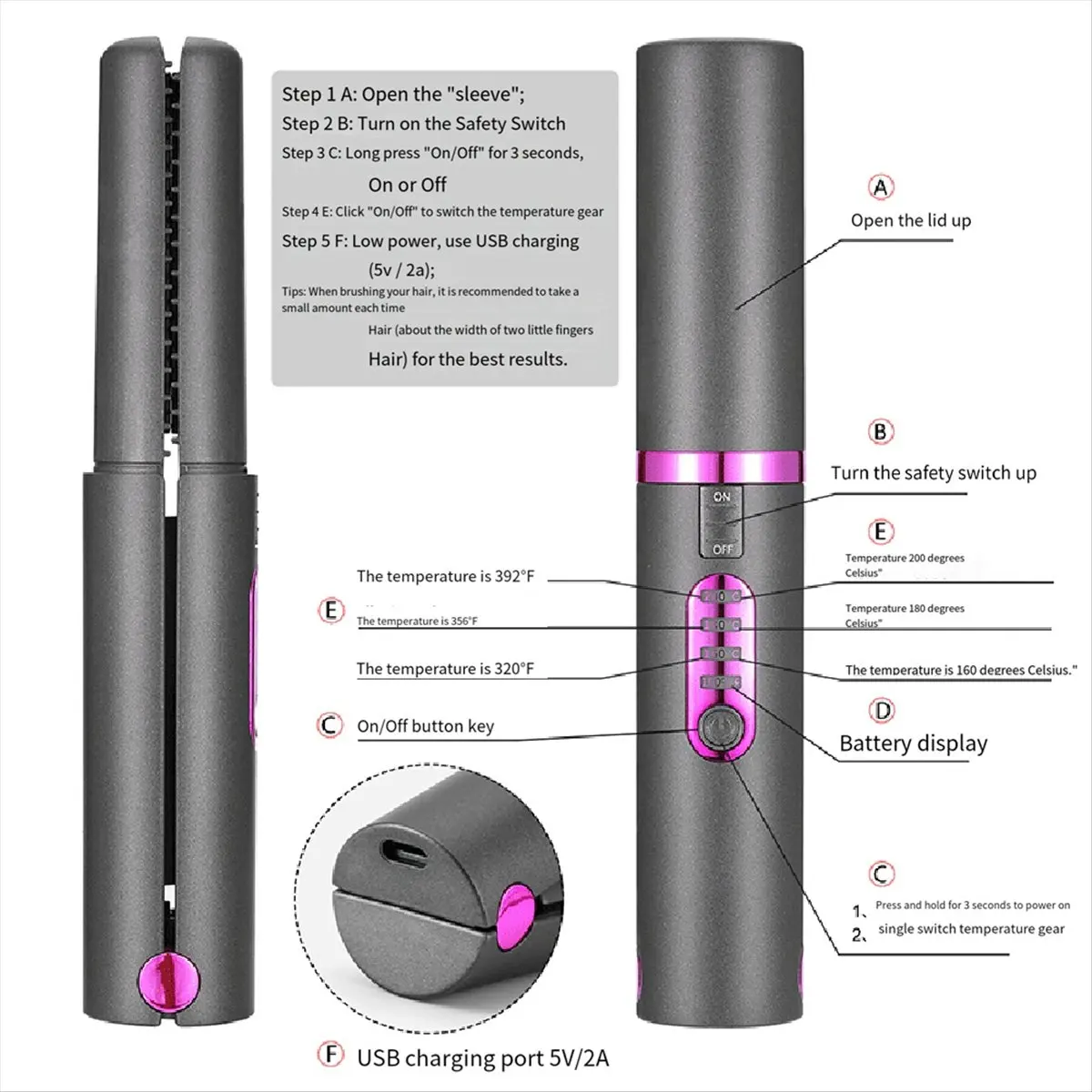

Новый беспроводной выпрямитель для волос, утюжок 2-в-1, портативный, с USB-C зарядкой, аккумулятор 5000 мАч, керамическая пластина, серый цвет