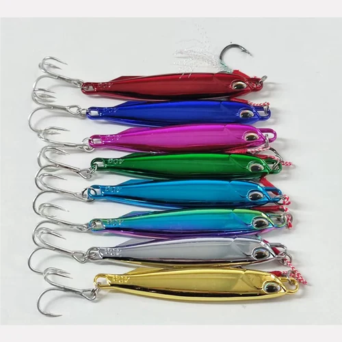 Imagen 1 del producto Paquete de 8 señuelos tipo cuchara de plantilla de Metal fundido, 30g, 40g, 60g, 80g, 8 colores, señuelos con ganchos, perfectos para fundición, Jigging, pesca de lubina