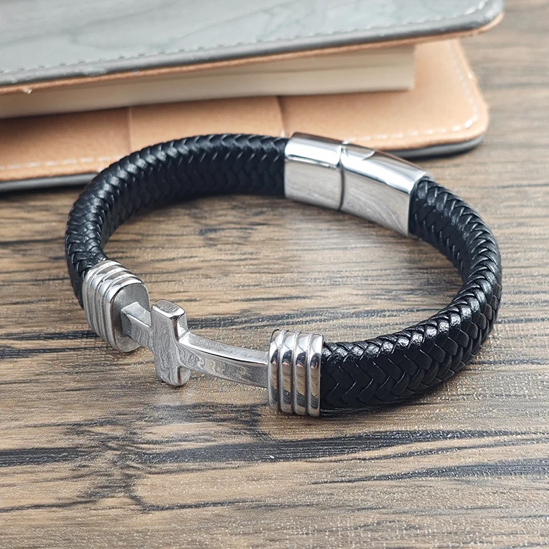 Luxury Men's Cross Leather Bracelet Stainless Steel Braided Wristband Magnetic Clasp Punk Jewelry Gift for Boyfriend Husband