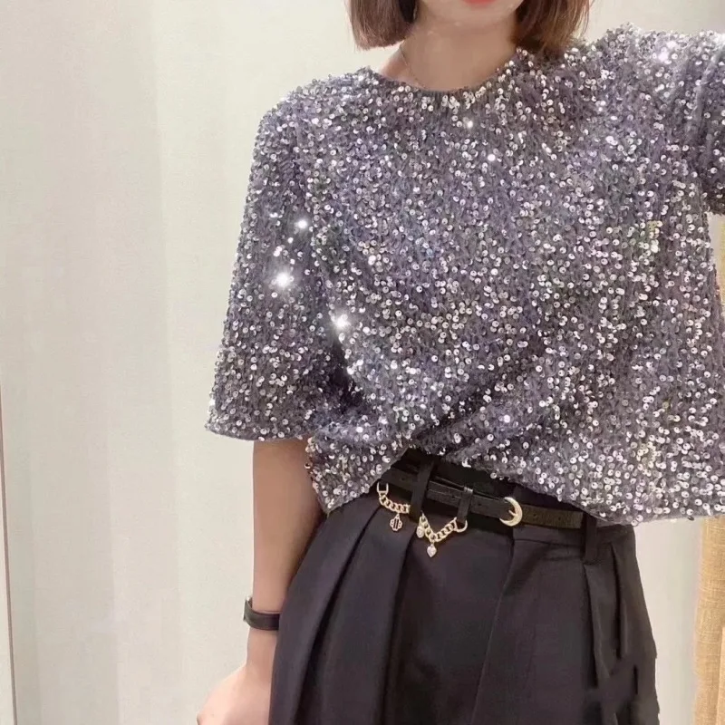 

Women Tees Fashion Sequin Casual Loose Summer New O-neck Short Sleeve Tops