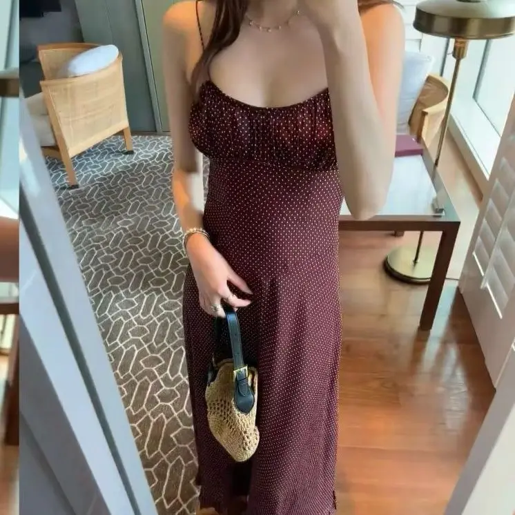 2026 Women's Wavelet Dot Silk Dress Sleeveless V-neck High Waist Fashion Robe