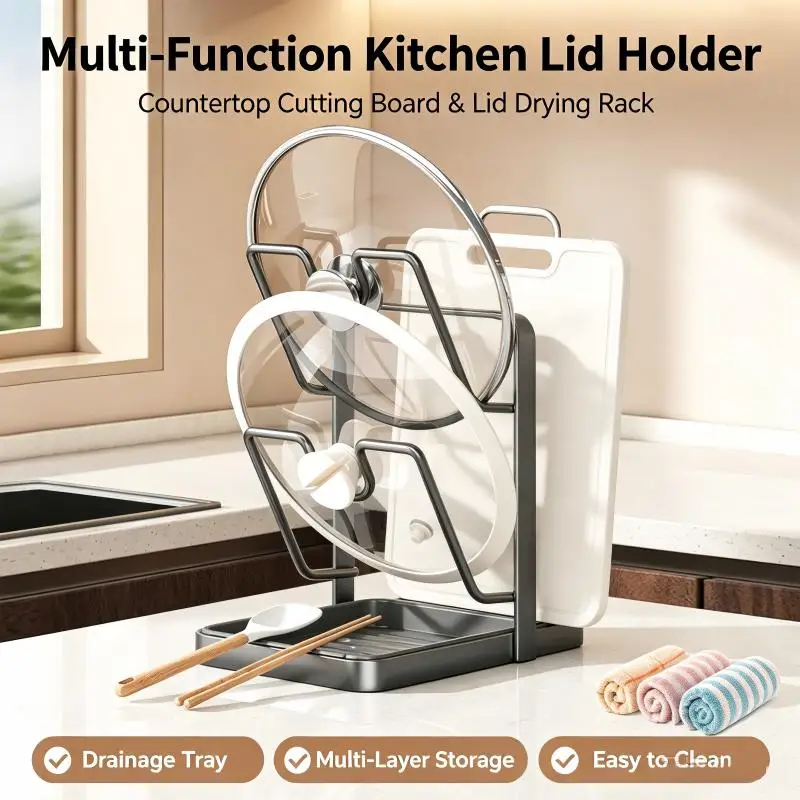 Multi-Tier Pot Lid and Cutting Board Rack, Freestanding Kitchen Organizer with Drainage Tray for Spatula and Utensil Storage