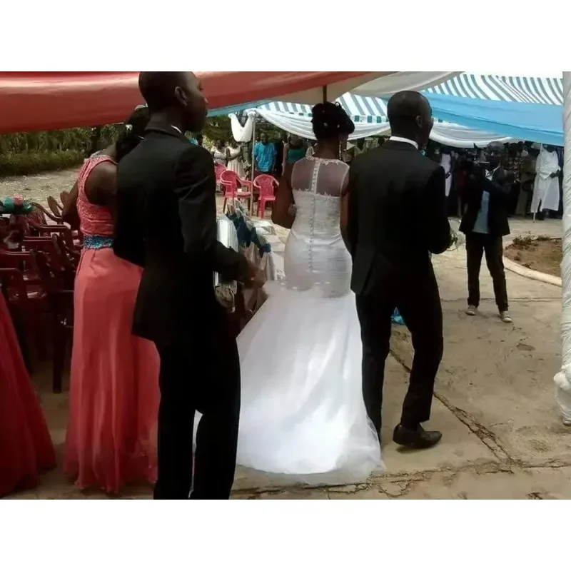 Customized Mermaid Wedding Applique Beaded Bridal Gowns Tulle See Through Lace Plus Size African Bride Dress Robes De Mariée