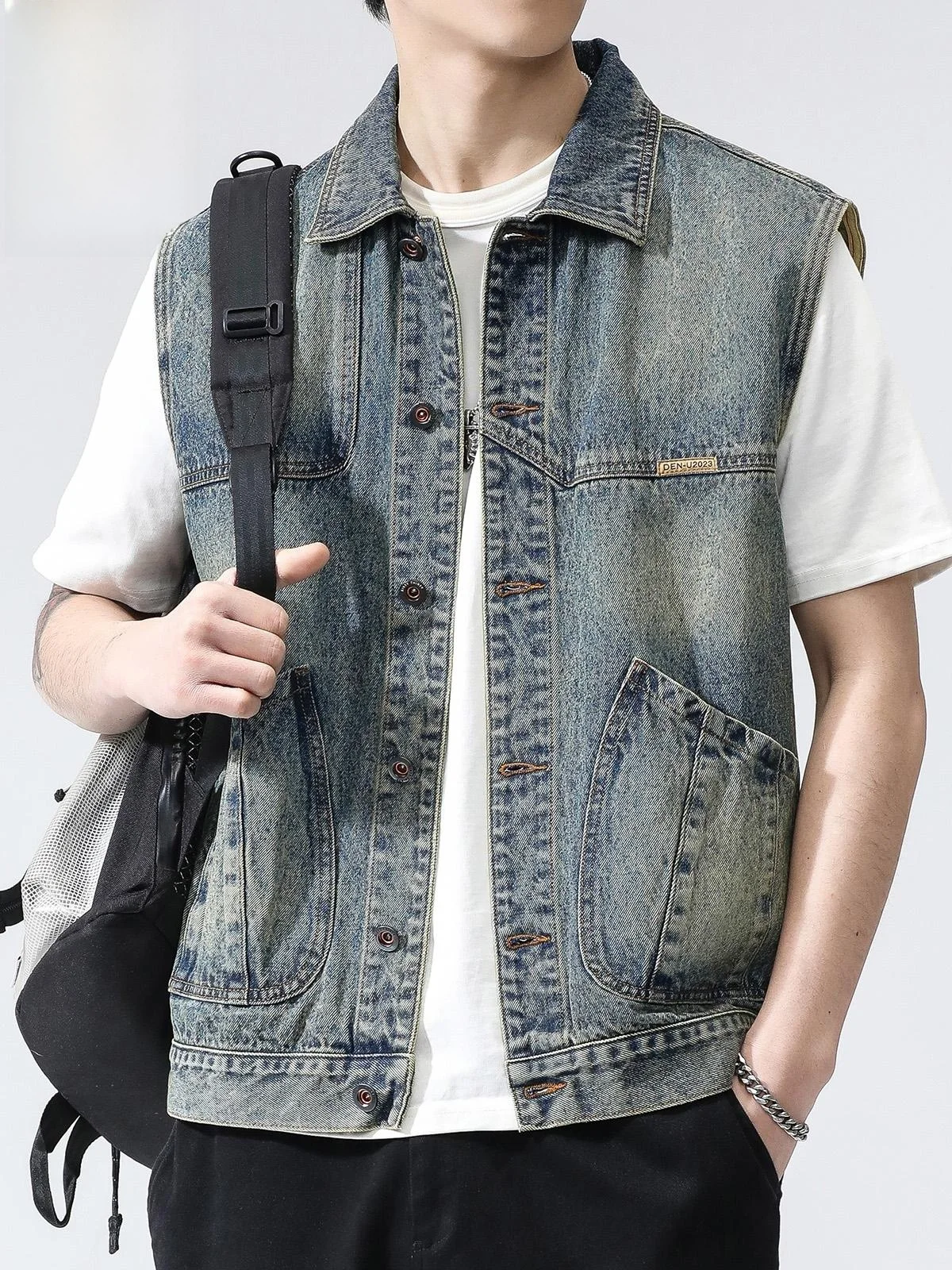 

Denim Workwear Vest Men's Fall New Sle American Retro Work Jaet Vest Cotton Polyester Blend Regular Fit Button Decor