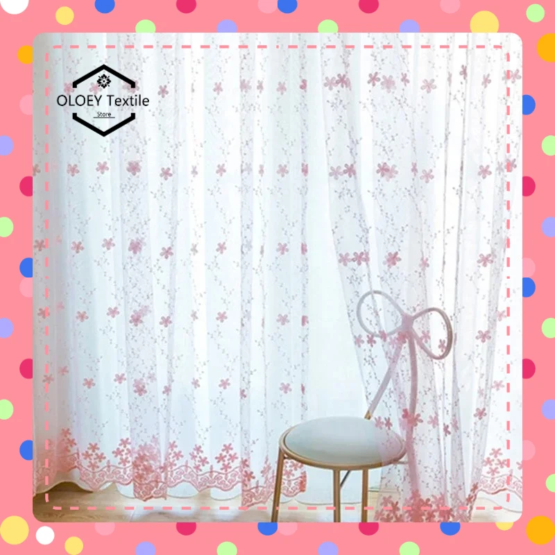 

Pink Flower Embroidered Sheer Curtains French Vintage Voile Farmhouse Curtain for Bedroom Romantic Bay Window Drapes Light Gauze