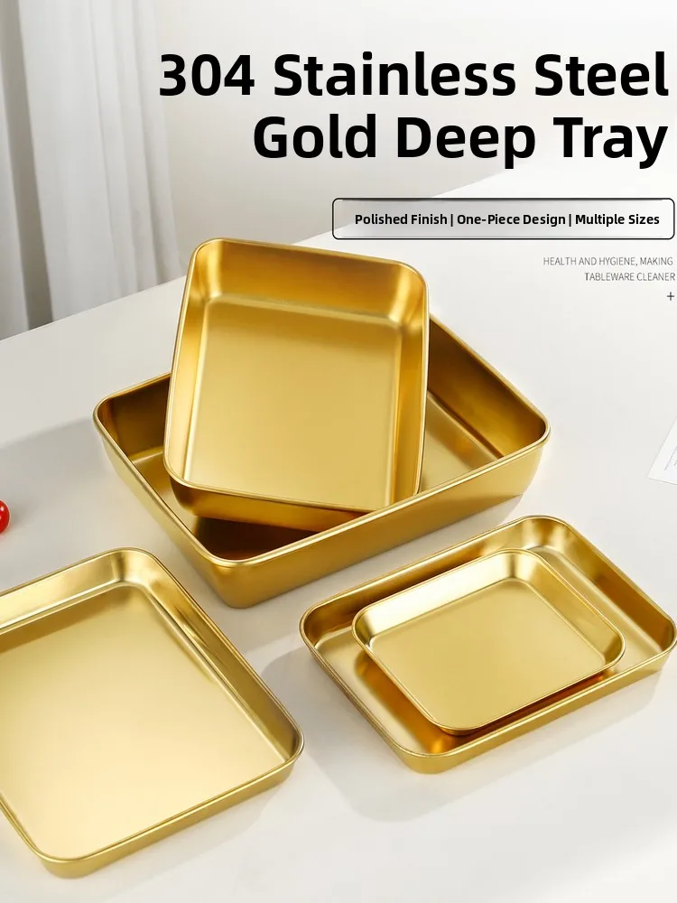 Extra Thi 304 Stainl Steel Golden Rectangular Home Use Flat Bot Steng Tray Barbecue Tray Serving Tray Oil Drain Tray