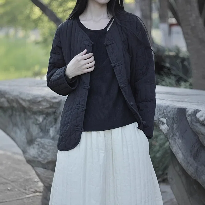 Parka à boutons de Style chinois pour femmes, col en v, manches longues, couleur unie, manteaux d'hiver, poches amples en Patchwork, nouvelle collection 2025