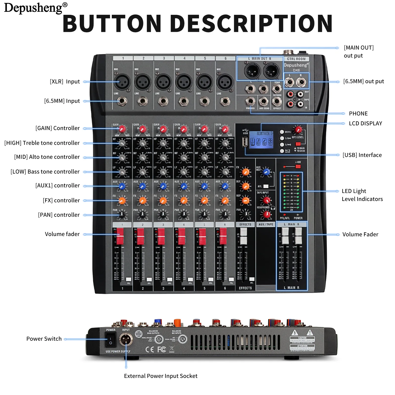 전문 오디오 믹서 Depusheng DX6 6 채널 사운드 보드 콘솔, Bluetooth USB PC 녹음 입력 48V 전원