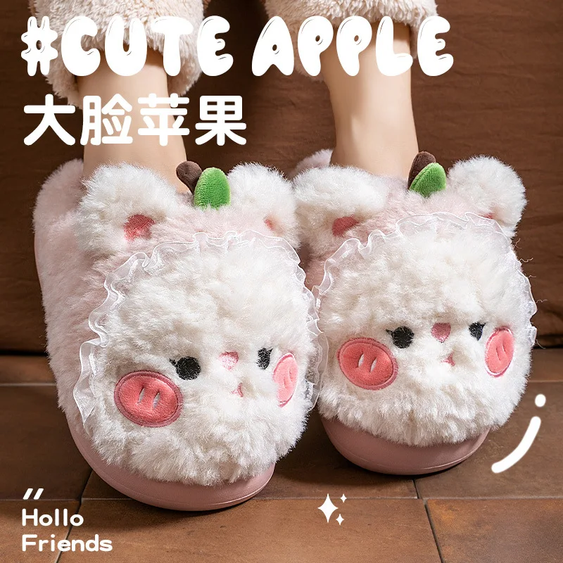 

Fluffy apples lace slippers warm winter shoes women's shaggy indoor furry slides woman lovely home slipper lolita girls mules