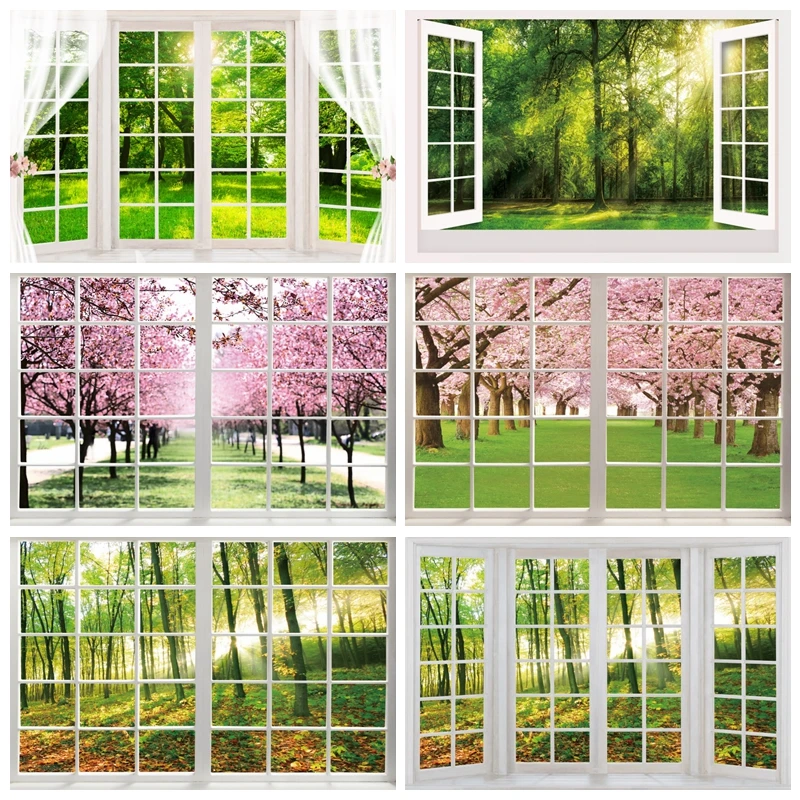 Window Spring Scenery Photography Backdrop Green Forest Nature Flower Background Party Wall Decor Family Photo Photographic Prop