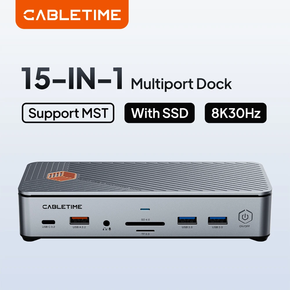 CABLETIME 15-in-1 USB C Docking Station PD100W 8K HDMI M.2 SSD Support USB 3.2 10Gbps 1000Mbps for Dell Laptop Mac pro