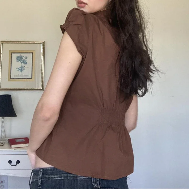 Y2k Vintage Shirts Aesthetic Fairy Crop Tops Cottage Tees Coquette Brown Pleated Button Shirt Women Short Sleeve Fitted Blouses