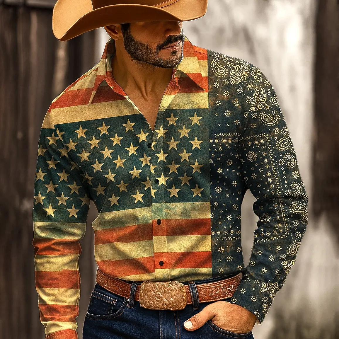 Vintage Men's Long Sleeve Shirt American US Flag Patriotic Shirt Button Up Streetwear Casual Comfort Polyester Slim Fit Shirts