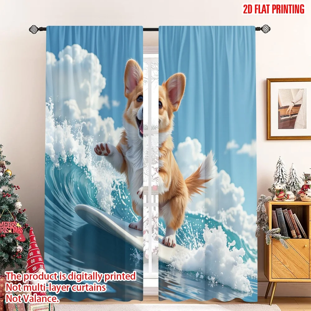 2pcs 2D flat printing Drapes Cute Dog Surfing Wave Digital Printed Polyester Drapes Party Decorations Use for Holiday Parties