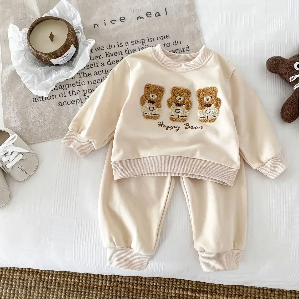 0-3T Newborn Kid Baby Boy Girl Autumn Winter 2pcs Clothes Set Cotton Bear Print Sweatshirt Top Pant Suit Two Piece Set Outfit