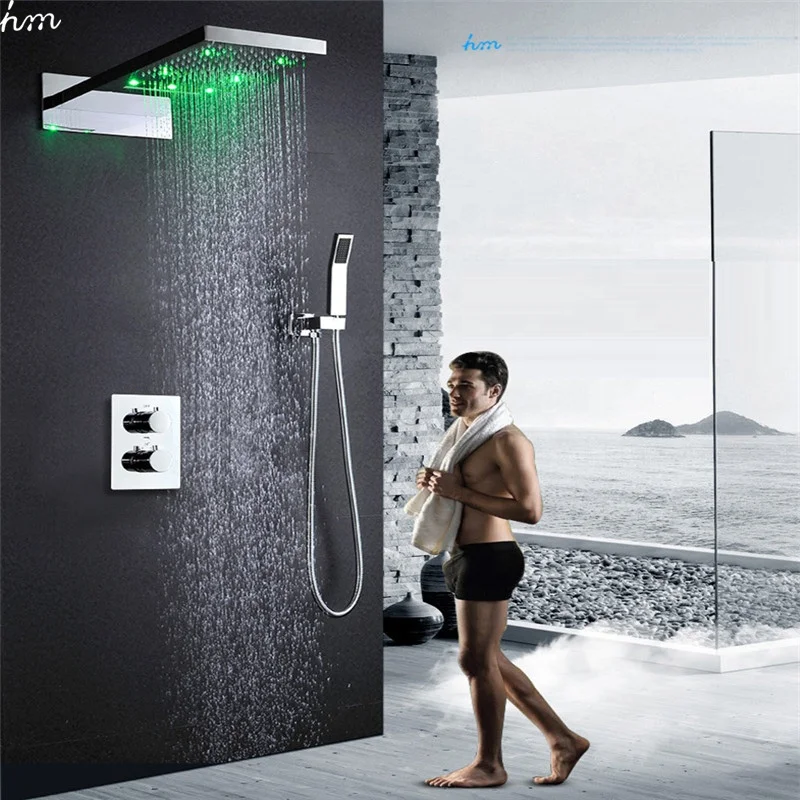 Bathroom Luxury LED Shower Faucet Set Rainfall Waterfall Shower Head With Thermostatic Shower Mixer Diverter Valve Set