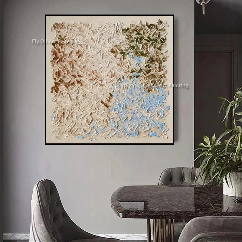 Earthy Blue Beige Impasto Abstract Canvas, Hand‑Painted Palette‑Knife Oil Art, Wabi‑Sabi Nature‑Inspired Square Wall Decor