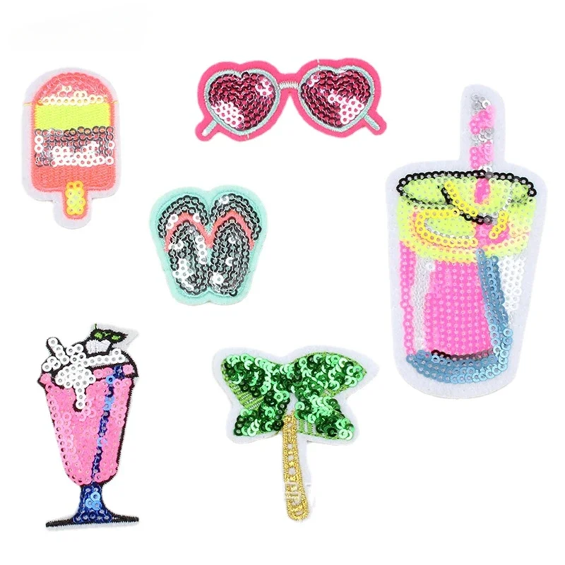 50pcs/Lot Luxury Sequin Embroidery Patch Coconut Slipper Drink Glasses Ice Cream Fish Shirt Clothing Decoration Craft Applique