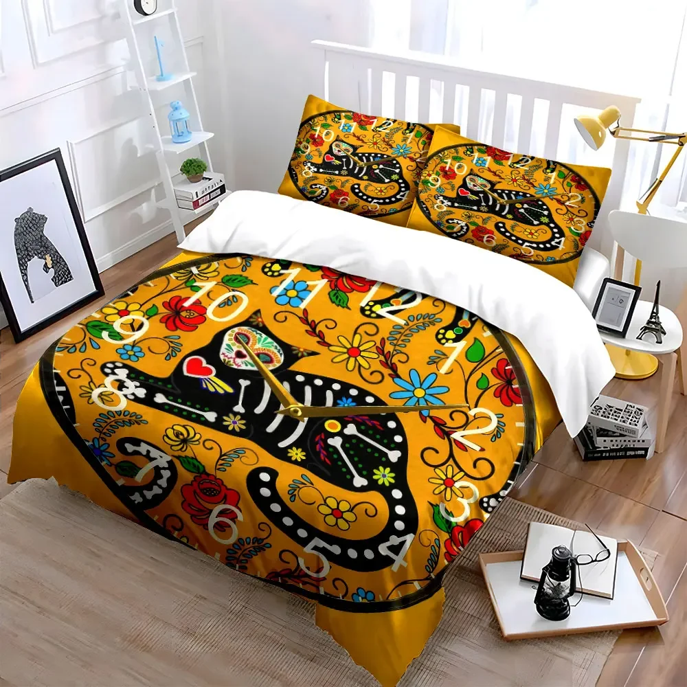 Colorful Cat Skeleton Clock Decor Soft Comfortable Duvet Cover Bedding Set Included 1*Duvet Cover & 2*Pillowcases, gift