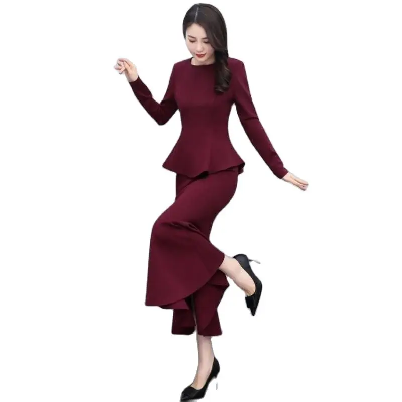 

Women's two-piece set fashion female O collar Long sleeve waist lotus leaf side of the buttocks Slim dress pencil dress