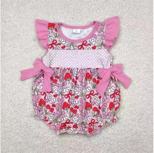 

Strawberry Summer Wholesale western boutique children newborn toddler Baby Girls Hot Blue Flutter Sleeves Bows Ruffle Rompers