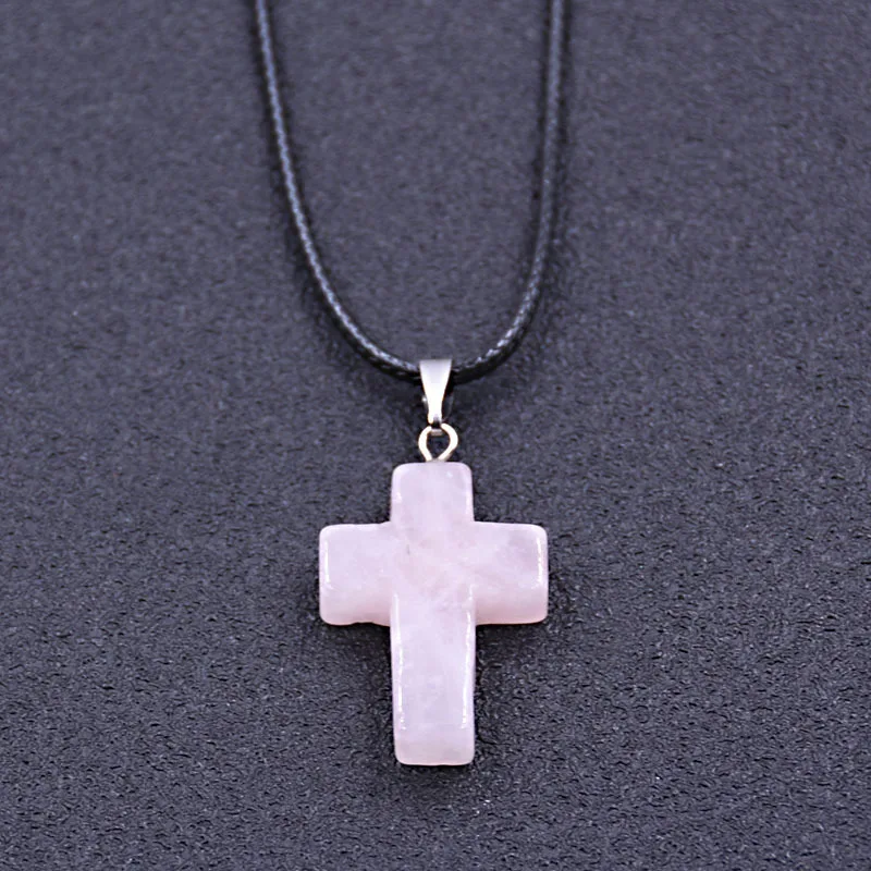 Tiny Natural Stone Turquoise Opal Cross Pendant Necklace With Stones Women Leahter Chain Choker Female Jewelry Party Girls Gift