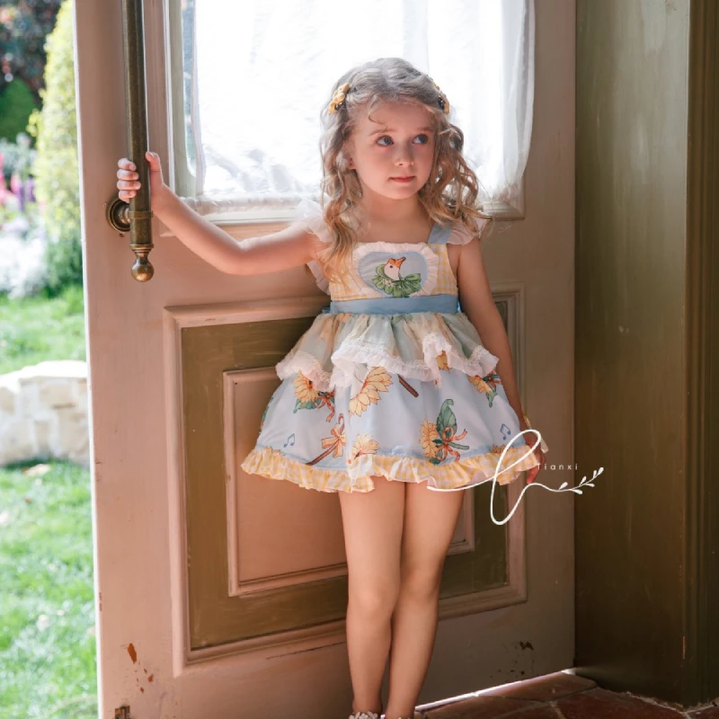 Handmade Big White Goose Girls' Summer Suspender Skirt Set Children's Girl Treasure Cute Cotton Lolita Top+Shorts 2pcs view 3